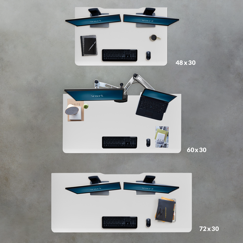 overhead view of three different size desks a 48 inches by 30 inches 60 inches by 30 inches and 72 inches by 30 inches  image number null
